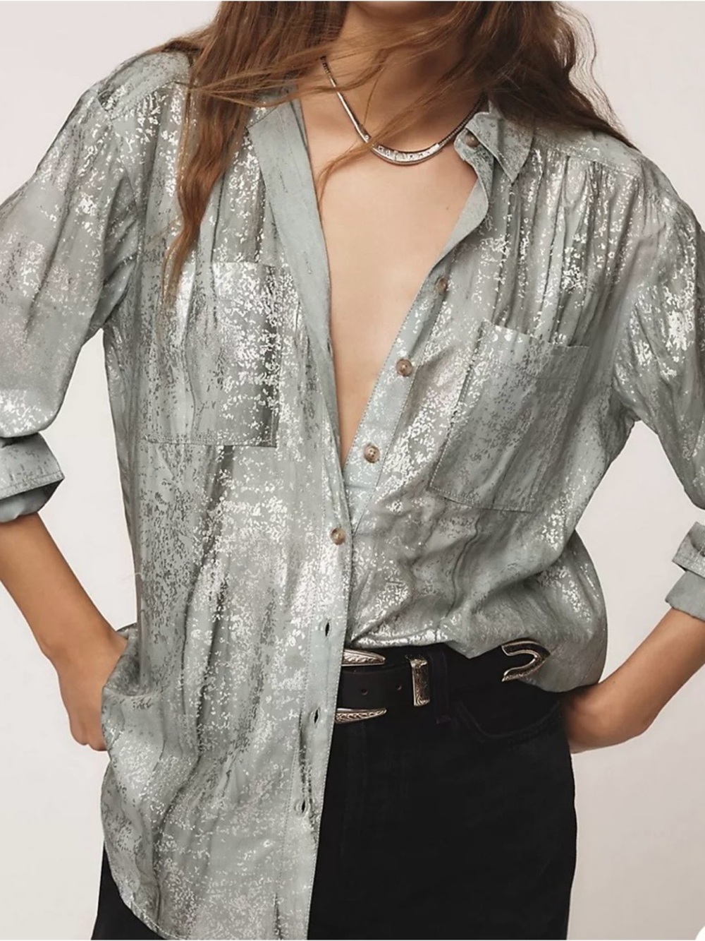 Anthropology Pilcro Silver-Mint Foil Button-Down Shirt